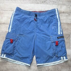 Abercrombie & Fitch Blue Cargo Shorts with White Stripes and Red Accents
